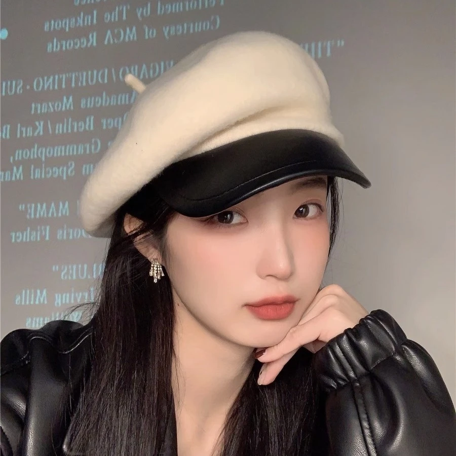 高冷气质~羊毛拼接大版贝雷帽女韩版秋冬网红优雅名媛复古八角帽