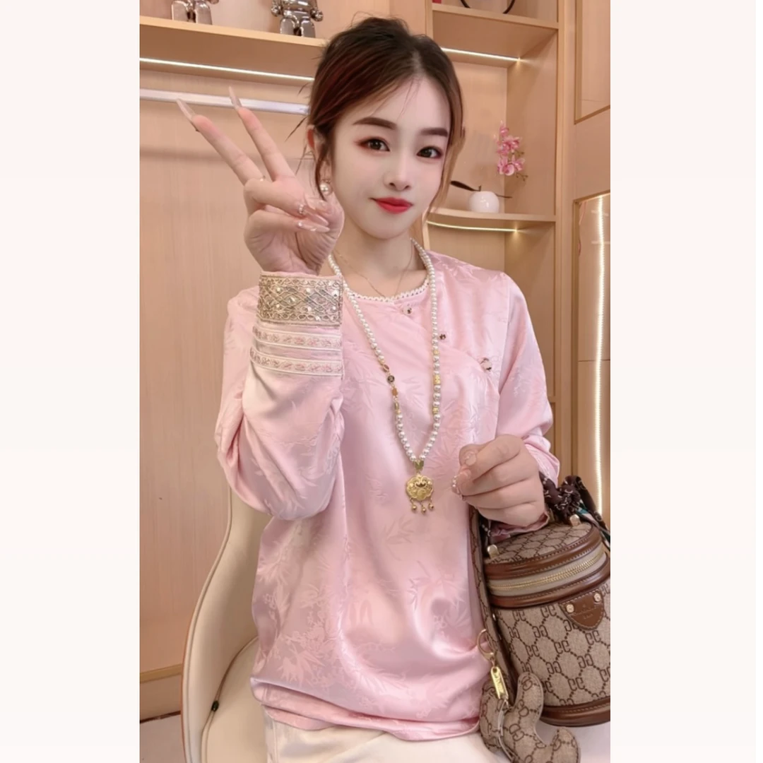 高奢新中式复古织锦缎2024秋季女装粉色国风提花新国风刺绣小衫