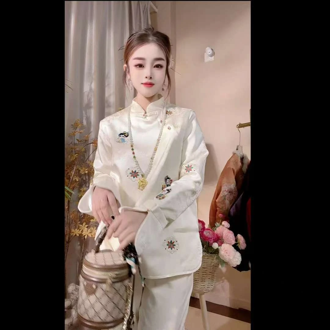 【棉棉唐娃】刺绣中国风冬季薄棉衬衫 女士外穿长袖打底衫