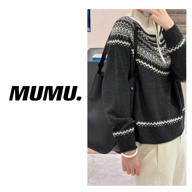 费尔岛提花纹冬毛衣拉链半开襟套头宽松学院文艺大方通勤30242