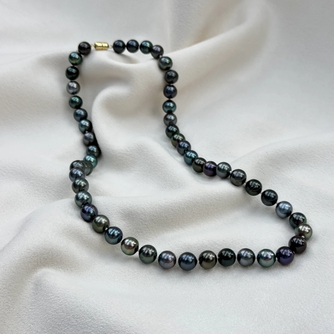 TX201【熊猫点位】天然海水大溪地孔雀绿莫兰迪珍珠满串7.5-8mm