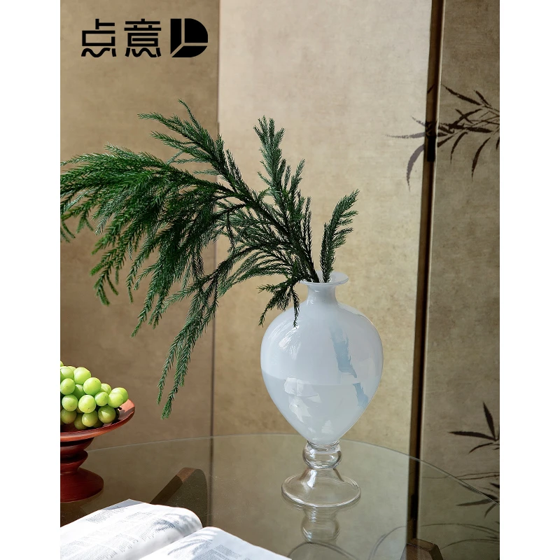 琉璃小口高脚花瓶客厅插花水培大肚器皿白色绝美餐桌中古装饰摆件