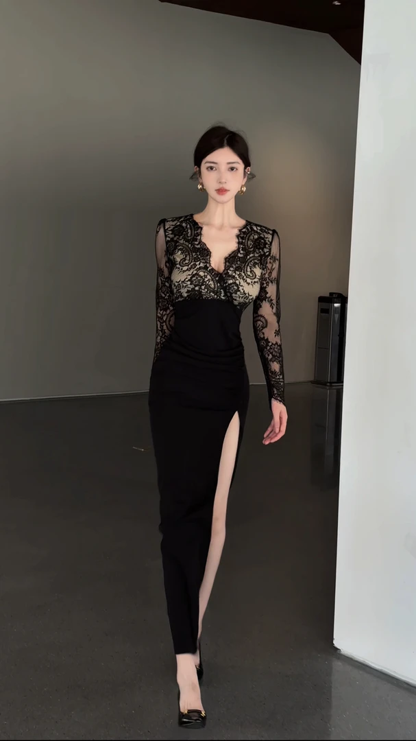【妍妍专属】蕾丝连衣裙包臀裙女秋季性感气质V领收腰开叉黑色长裙