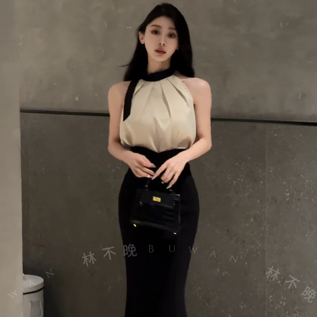 【YIMU】法式无袖挂脖吊带女设计感小众外穿露肩衬衫+黑色鱼尾裙