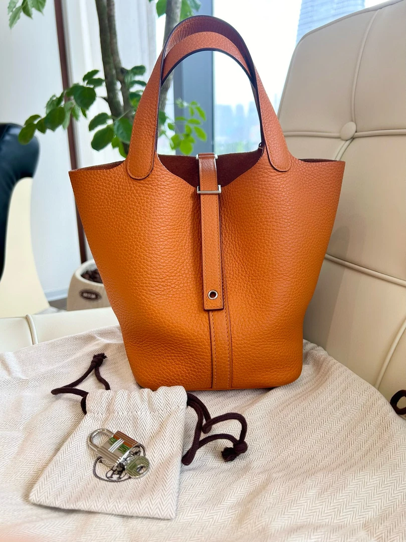 95新 Hermes/爱马仕 114556 爱马仕橘色银扣菜篮子18手提包
