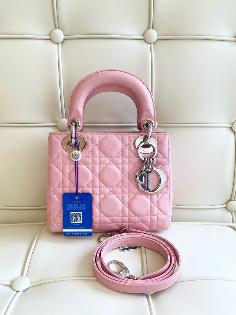99新 DIOR/迪奥 116849 迪奥Lady三格戴妃粉色尺寸17*15*7 手提包