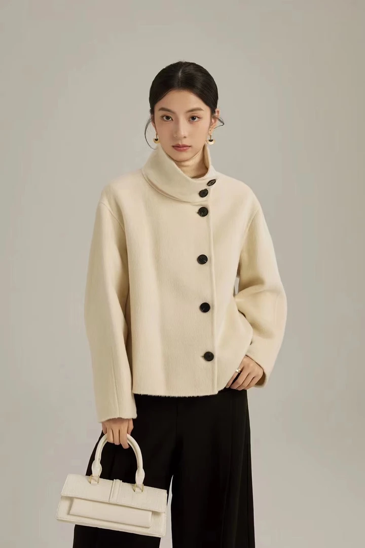 2024秋冬新款桑蚕丝双面羊毛大衣女短款小个子毛呢子外套83104