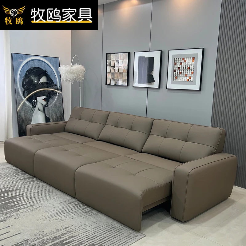 牧鸥意式极简多功能电动真皮沙发床智能伸缩客厅直排沙发大小户型