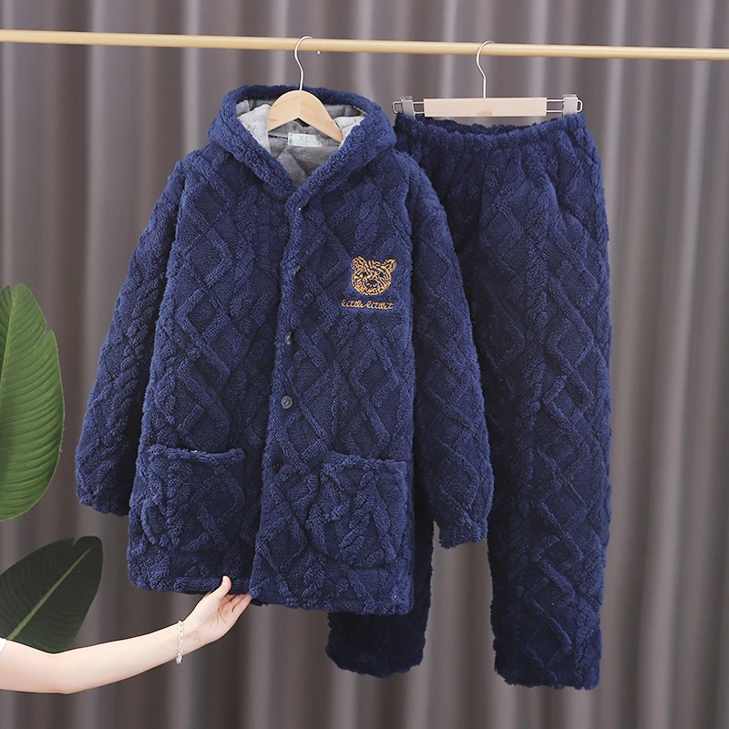 珊瑚绒情侣睡衣冬款加绒加厚可外穿夹棉保暖家居服套装