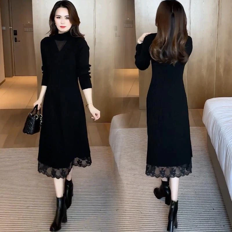 时尚连衣裙女2024秋冬新款洋气质显瘦中长款蕾丝拼接针织打底裙子