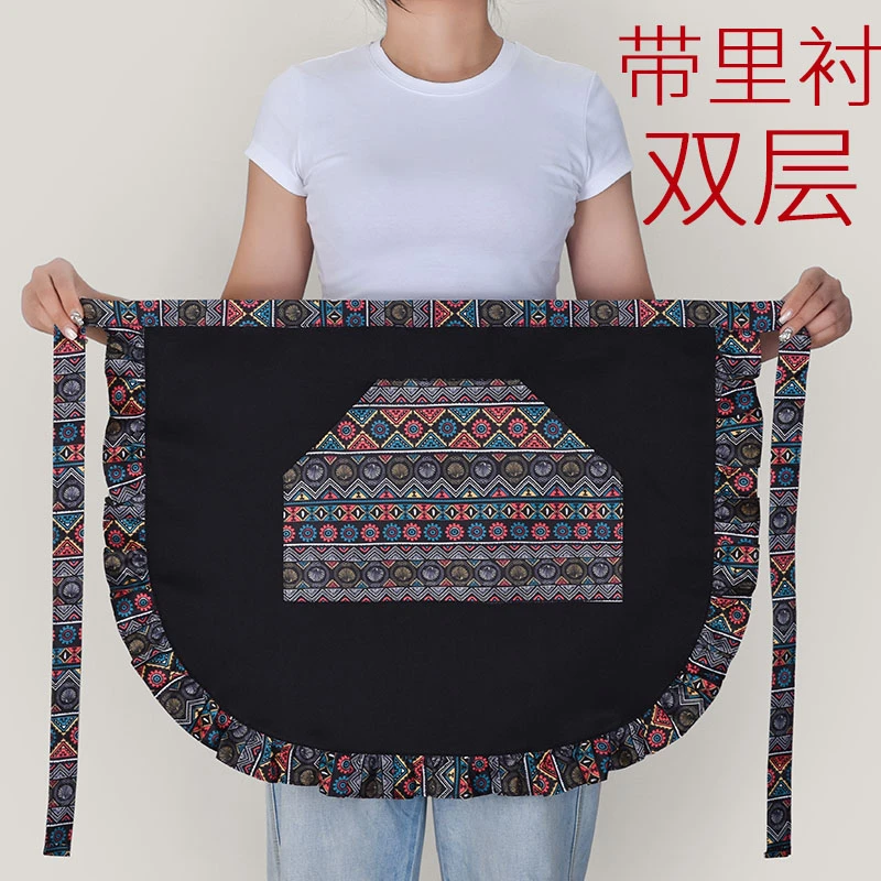 一片式半身围裙成人民族风双层家用厨房防水防污女餐饮专用工作服