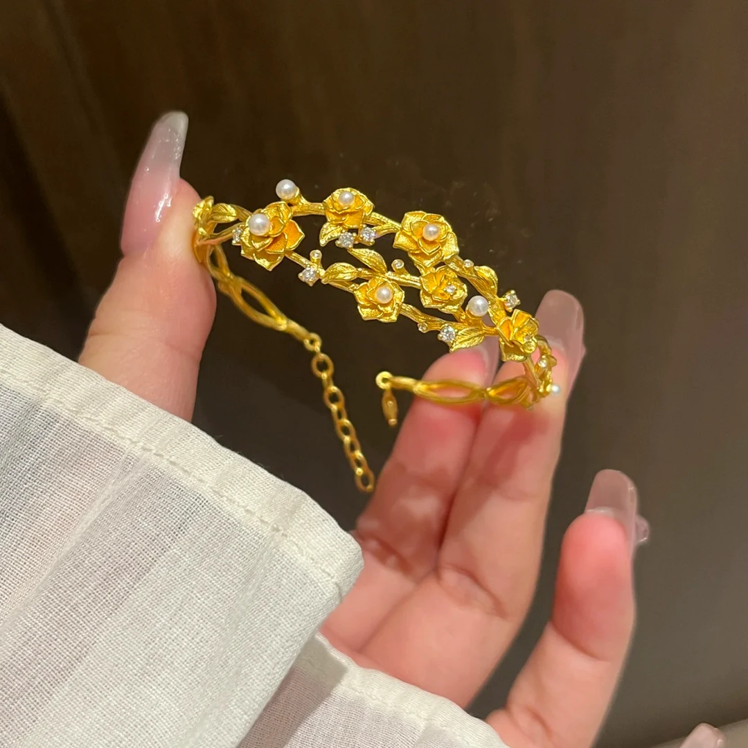 OULLEN 铜合金仿珍珠手镯 新中式神明花嫁手镯精致轻奢百搭不掉色