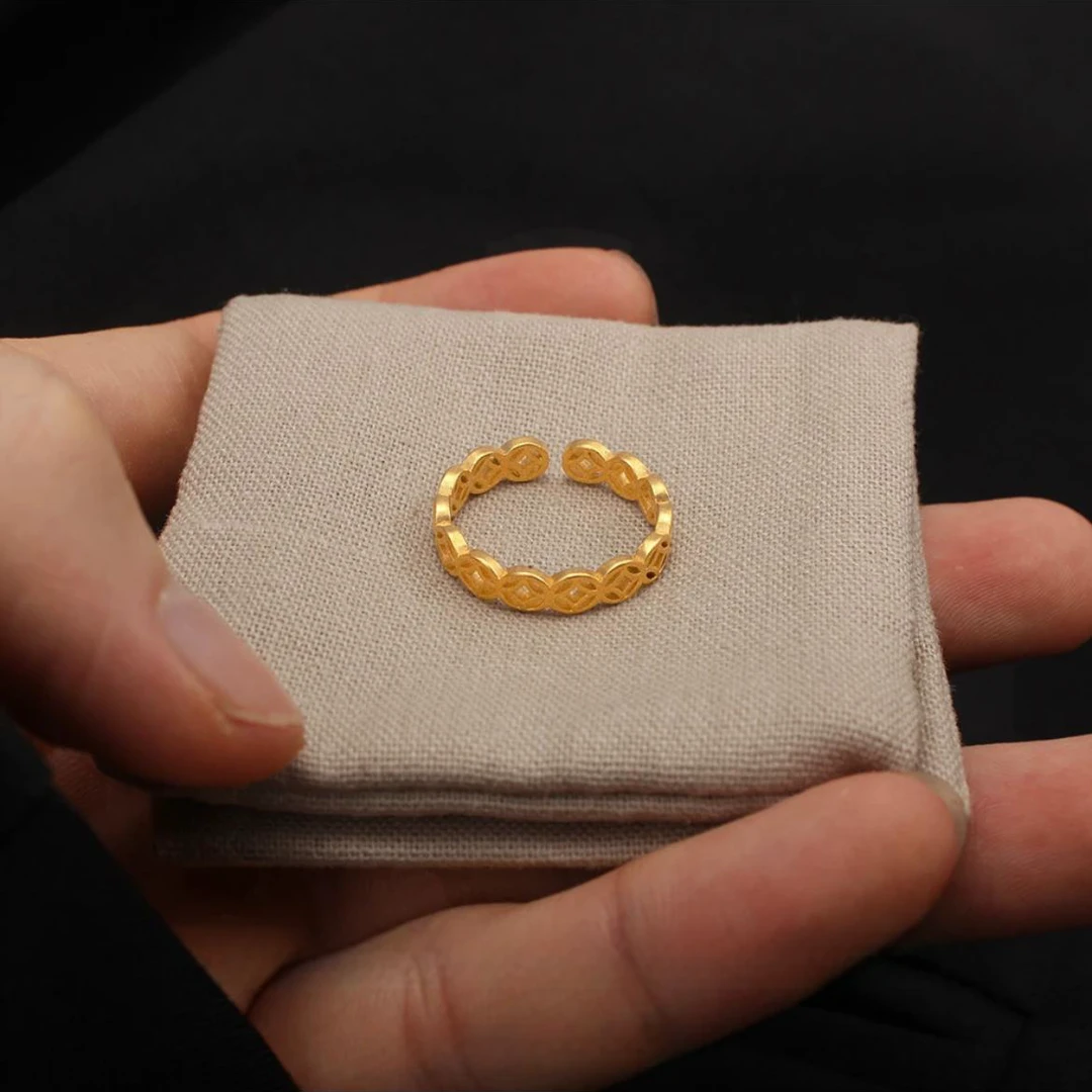 钛钢戒指 民族风五帝钱镂空小铜钱可调节戒指小众百搭指环不掉色