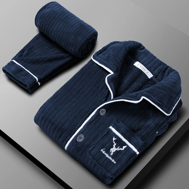 秋冬季男士珊瑚绒睡衣套装加厚加绒秋季长袖保暖冬天法兰绒家居服