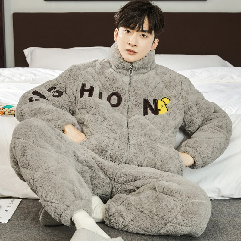 冬季三层夹棉男士睡衣珊瑚绒套装加厚加绒法兰绒家居服可外穿JX