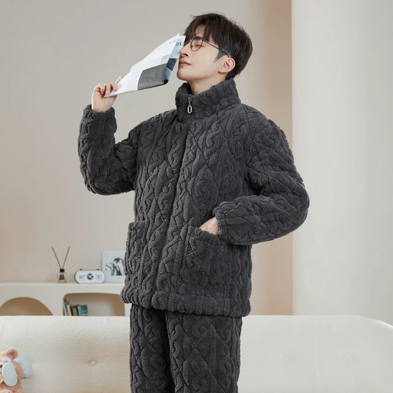 冬季三层夹棉男士珊瑚绒睡衣套装加厚加绒法兰绒家居服可外穿JX