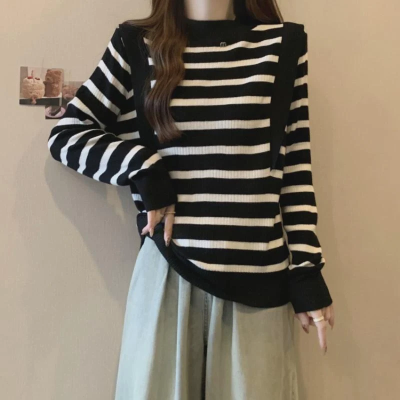 2024早秋新款女装宽松显瘦条纹针织衫大码胖mm遮肚子打底毛衣上衣