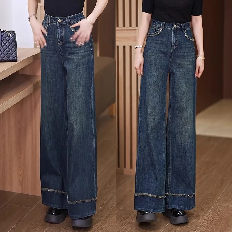 复古深蓝色阔腿牛仔裤女2025年春秋冬季新款高腰宽松加绒直筒裤子