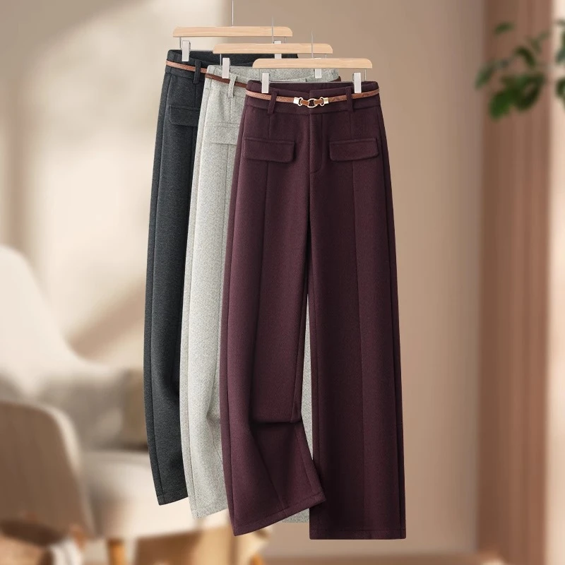 毛呢窄版直筒阔腿裤女秋冬季新款加绒2024高腰宽松垂感百搭休闲裤