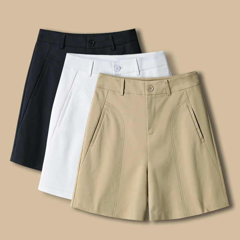 卡其色五分裤女夏薄款2024新款夏季百搭高腰宽松直筒休闲西装短裤