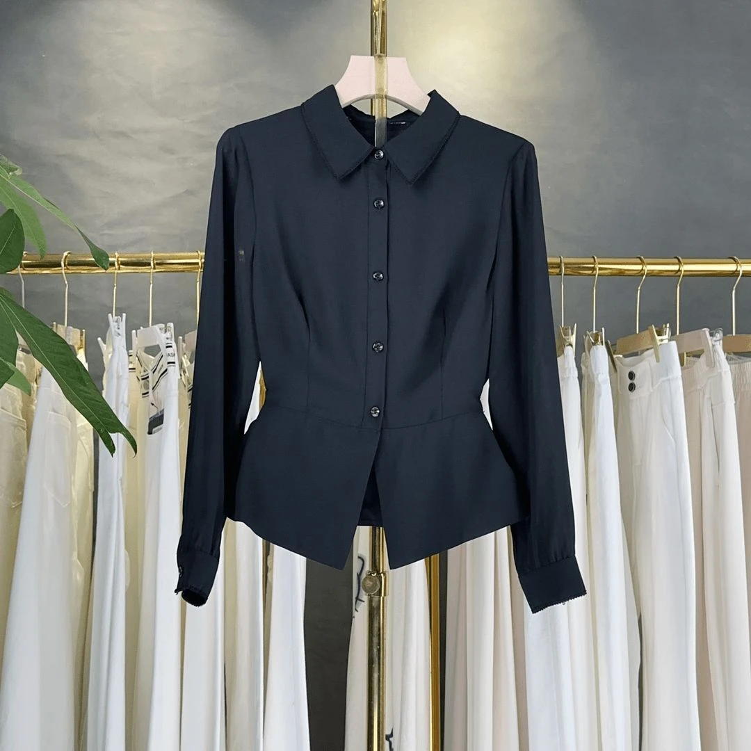 法式高级Polo领职业衬衫2025春季纯色花边小翻领长袖女衬衫C801