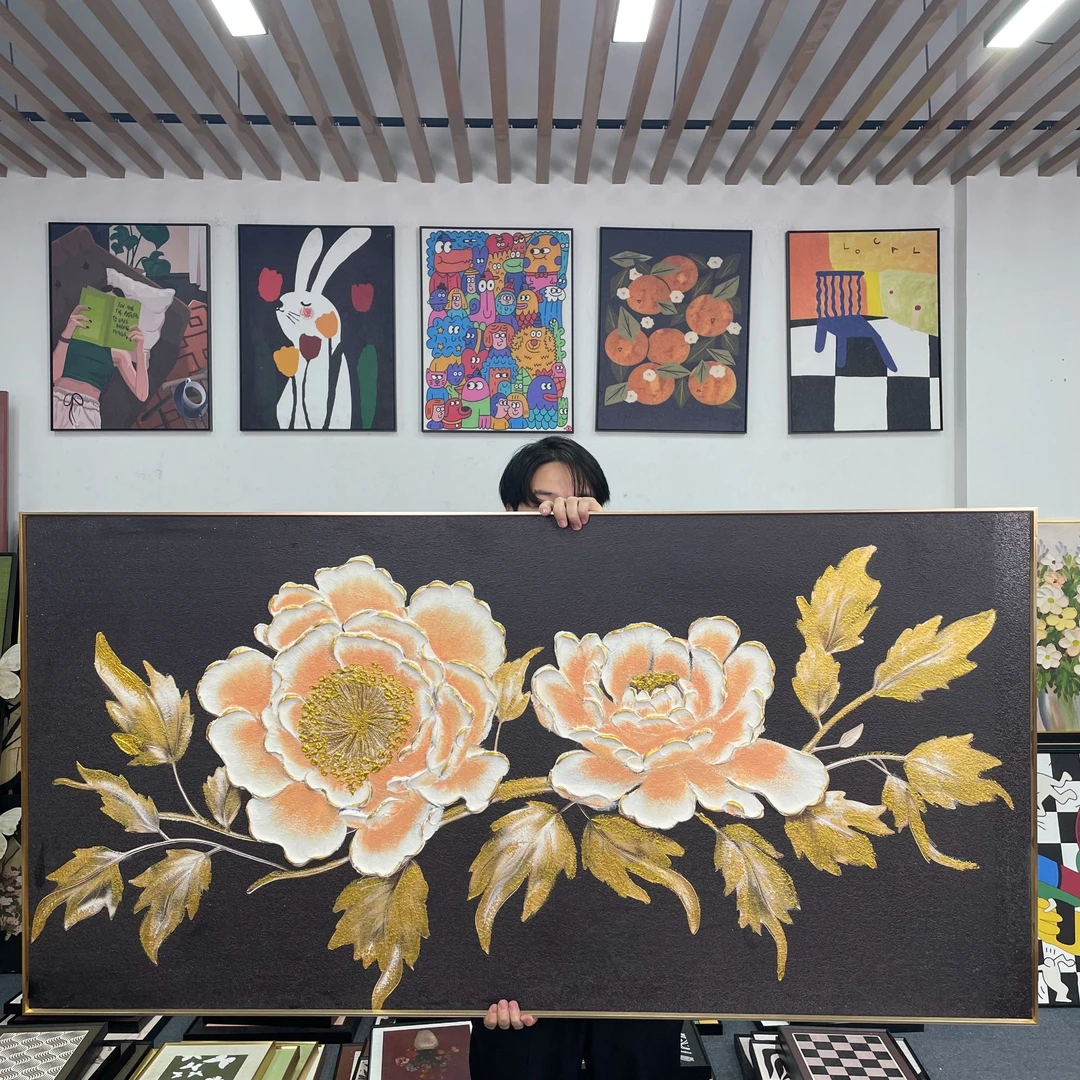 手绘花开富贵玄关装饰画入户门正对墙牡丹花走廊过道竖版壁画8160