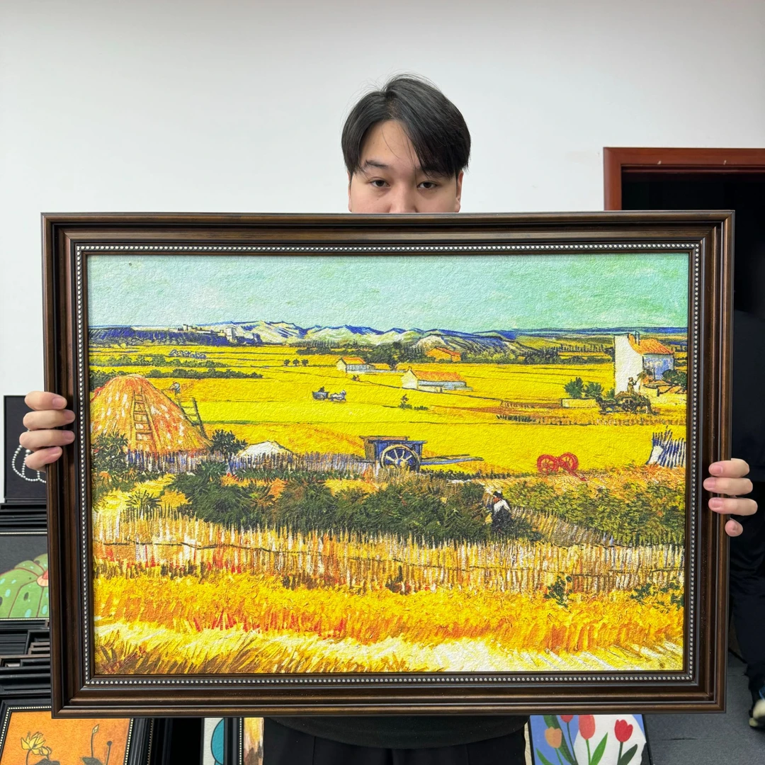 欧框梵高砂岩麦浪装饰画入户玄关美式客厅餐厅挂画欧式背景画6080