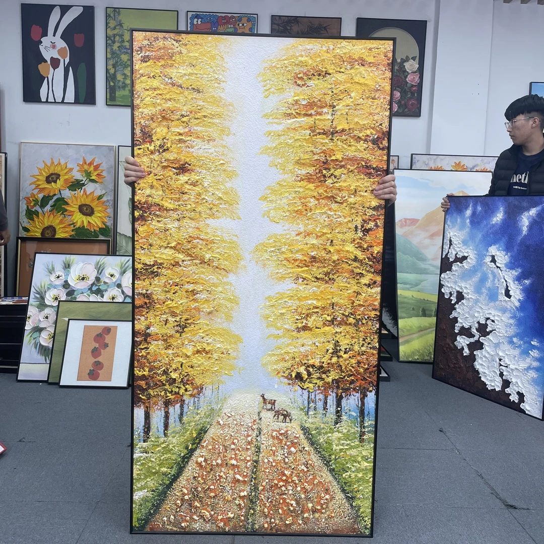 肌理油画金色发财树小鹿玄关背景墙装饰画肌理客厅沙发挂画8160