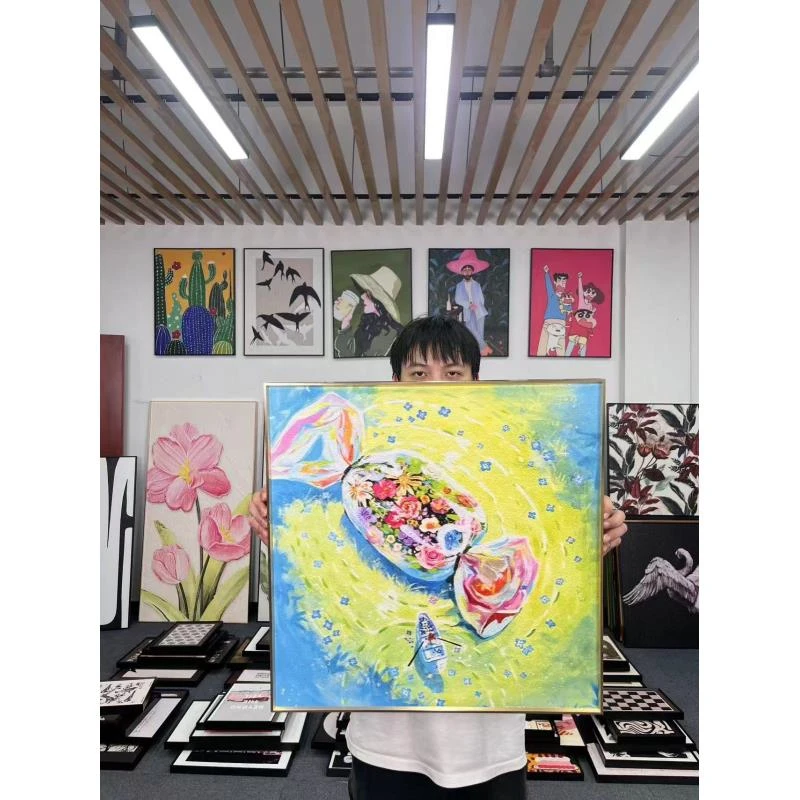 玄关抽象小众艺术装饰画客厅多巴胺色彩花卉餐厅绿色挂画6060