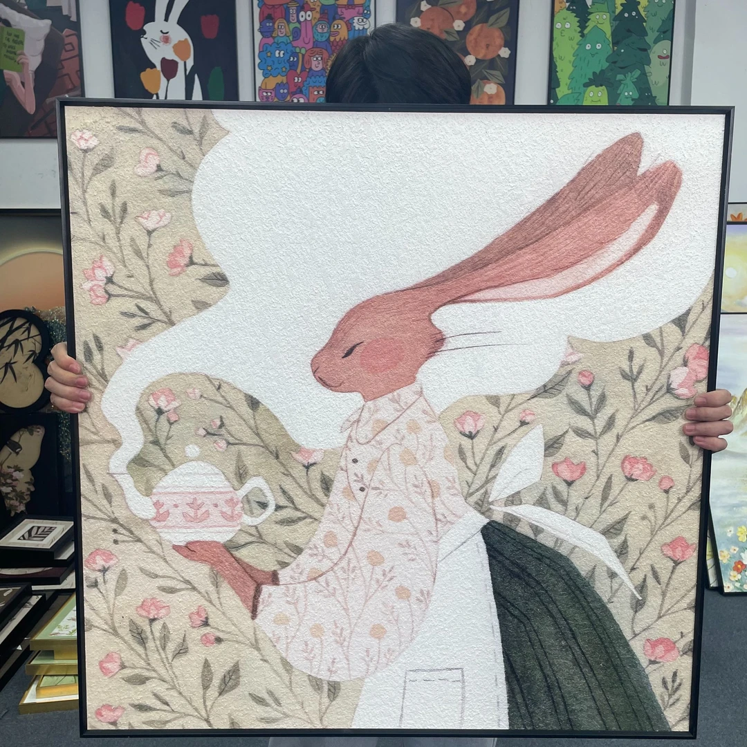 森系兔子餐厅装饰画法式奶油风客厅背景墙挂画小清新卧室摆画8080