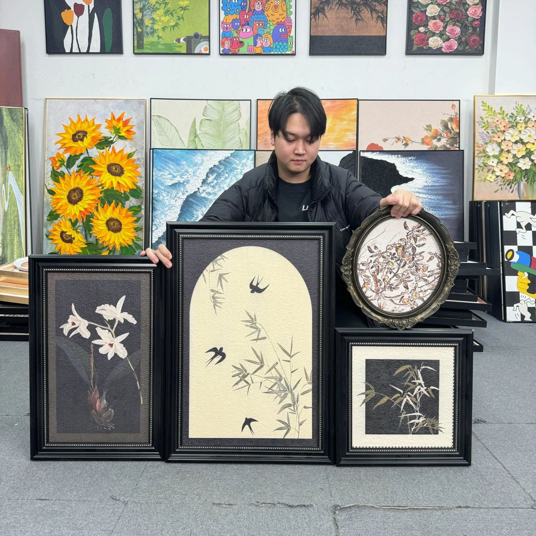 中古风客厅装饰画花鸟竹子沙发背景墙法式复古艺术组合壁画4570