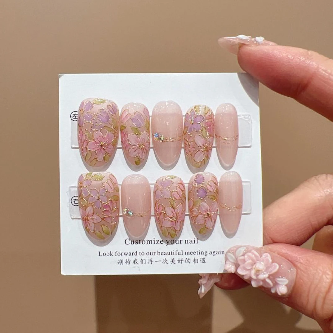 056蝈蝈手工穿戴甲手绘水彩花卉气质显白夏日美甲10片装粉色