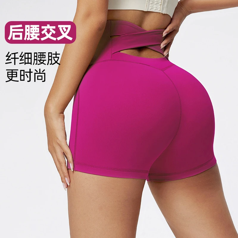 性感交叉腰高腰收腹蜜桃提臀运动瑜伽短裤跑步训练裸感健身三分裤