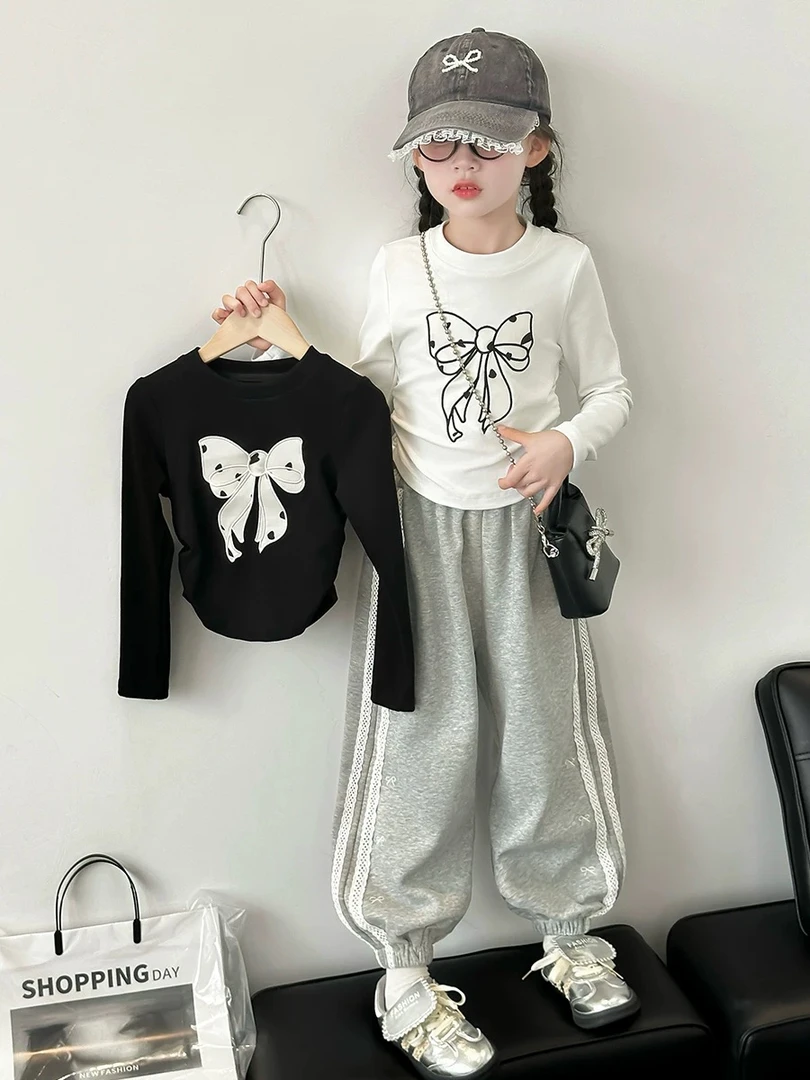女童长袖t恤2025新款女童早秋上衣洋气时髦蝴蝶结打底衣