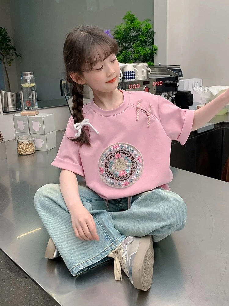 女童网红T恤2024新款夏款短袖新中式汉服儿童小女孩半袖上衣潮