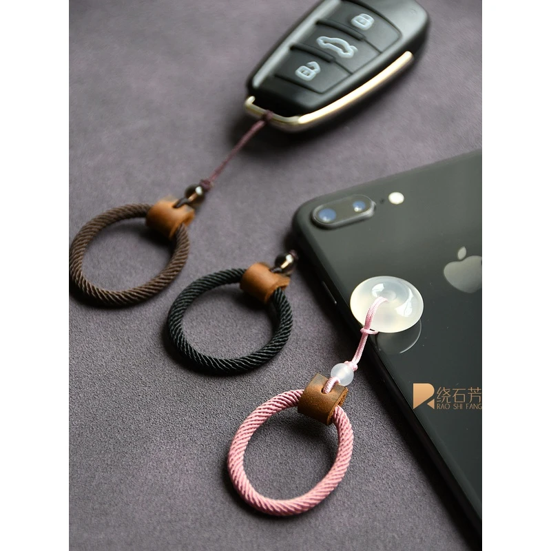 粗款手机指环圈防丢加厚真皮头手工耐用挂链绳手