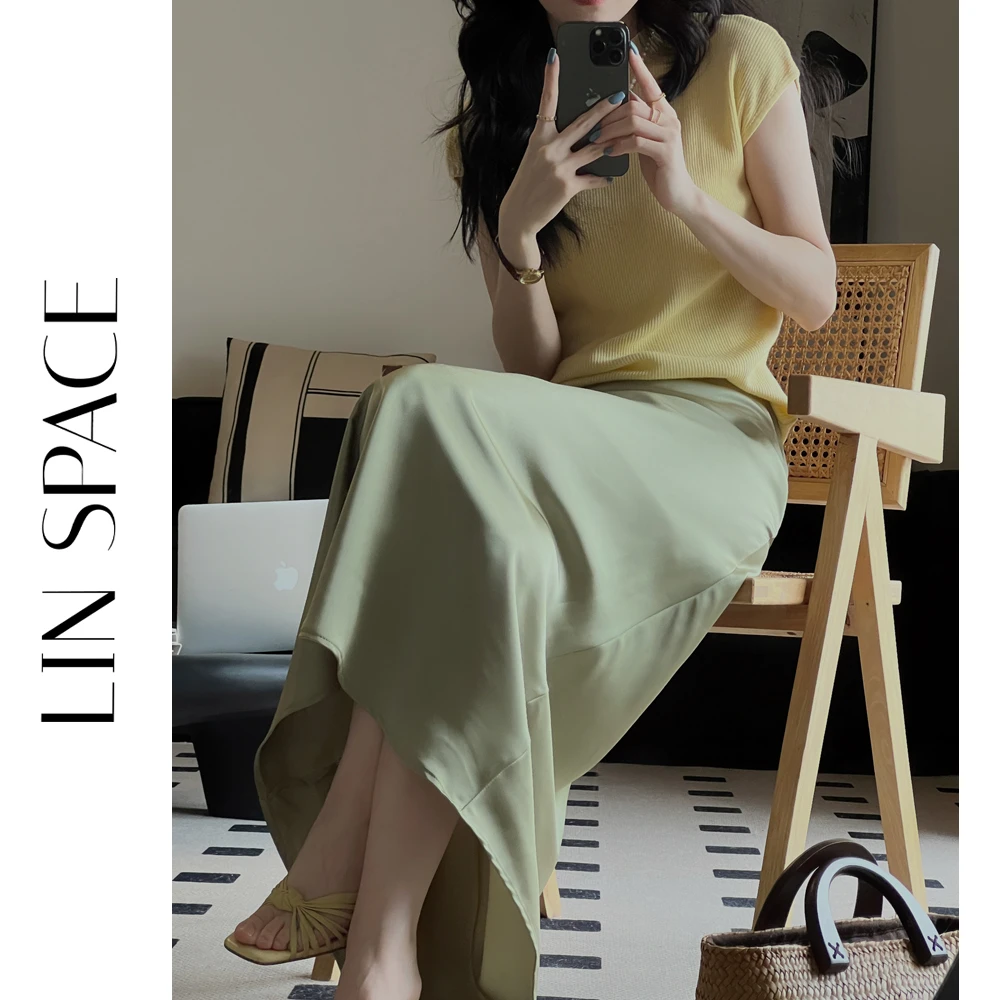 陈陈琳呀/缎面高腰半身裙百搭气质御姐范裙子绿色复古时尚长裙子