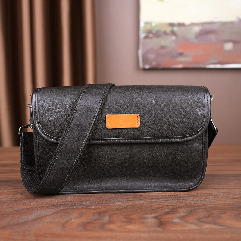 真皮男士单肩包植鞣牛皮撞色横款斜跨单肩包休闲百搭男士潮包