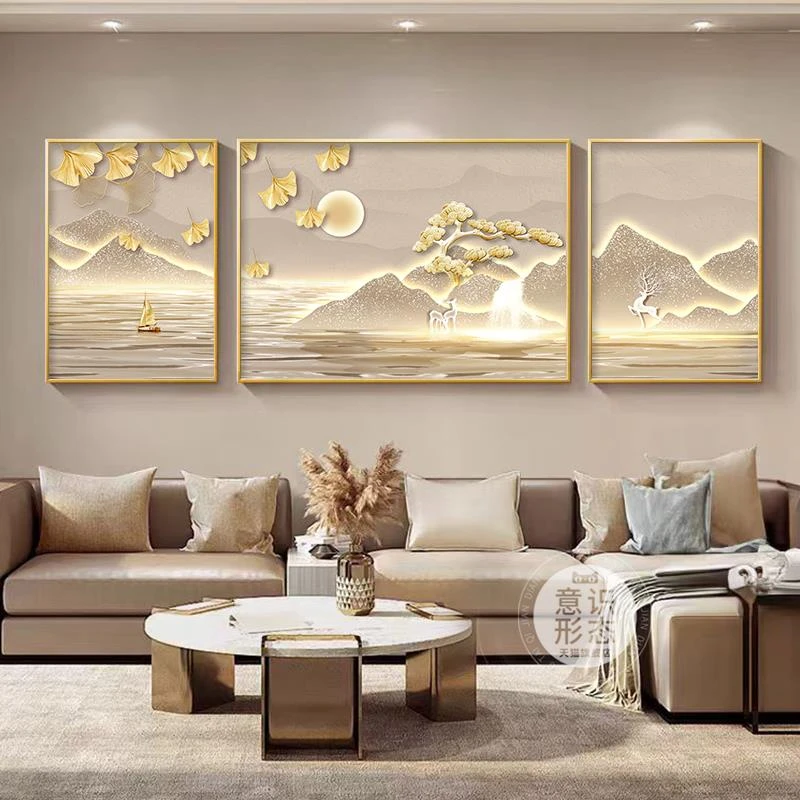 日照金山客厅装饰画大气山水画三联挂画轻奢高级感沙发背景墙壁画