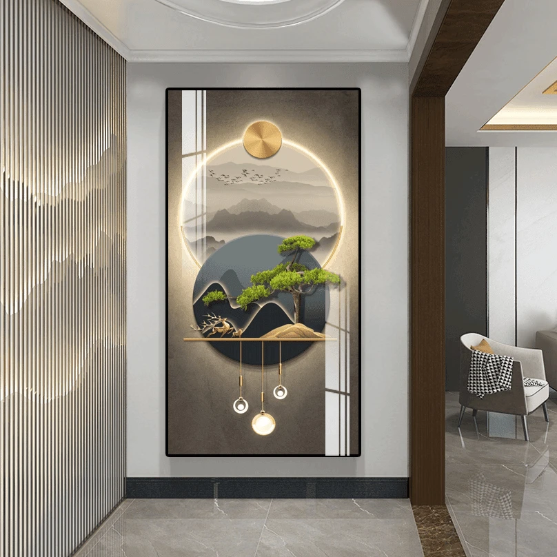 玄关装饰画走廊过道挂画迎客松墙画入户背景墙现代简约正对门壁画