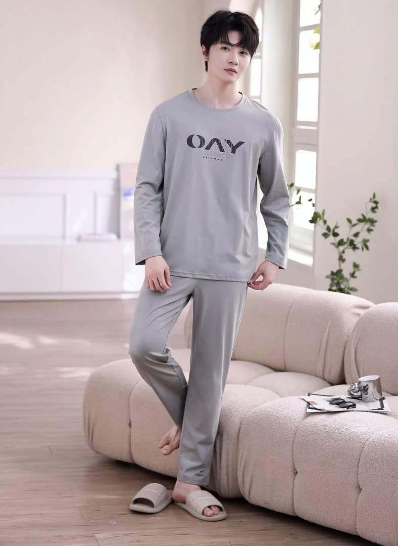 3124男士睡衣休闲简约有口袋长袖家居家