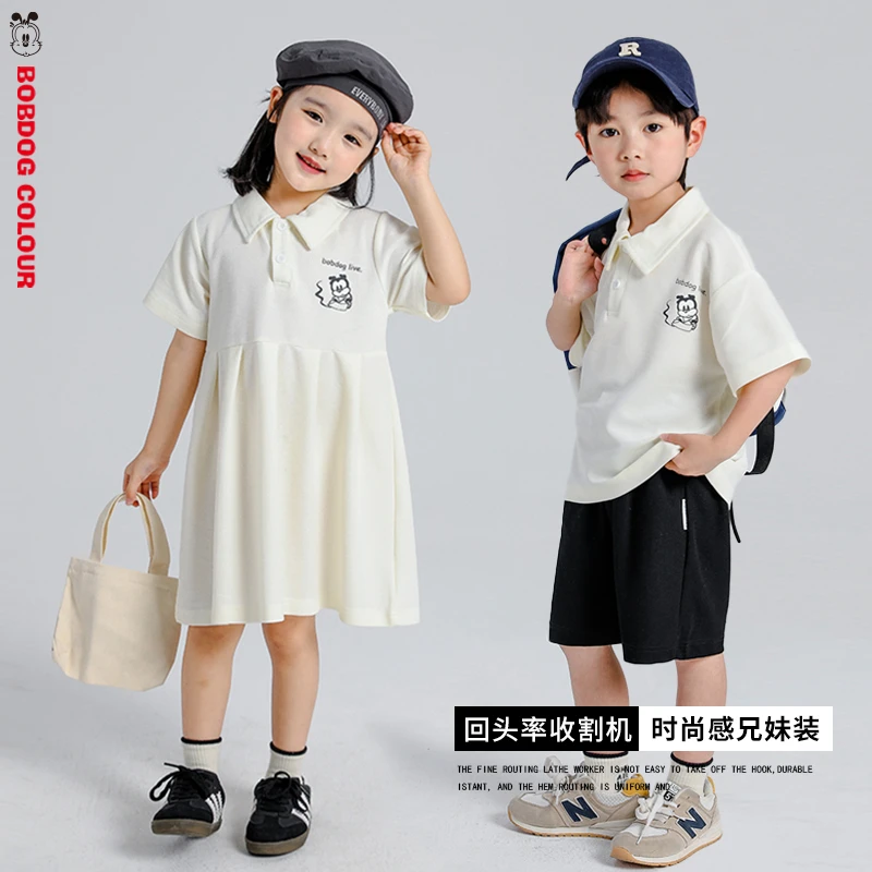 巴布豆2024夏季新款儿童印花中大童短袖洋气时尚女童学院风裙子