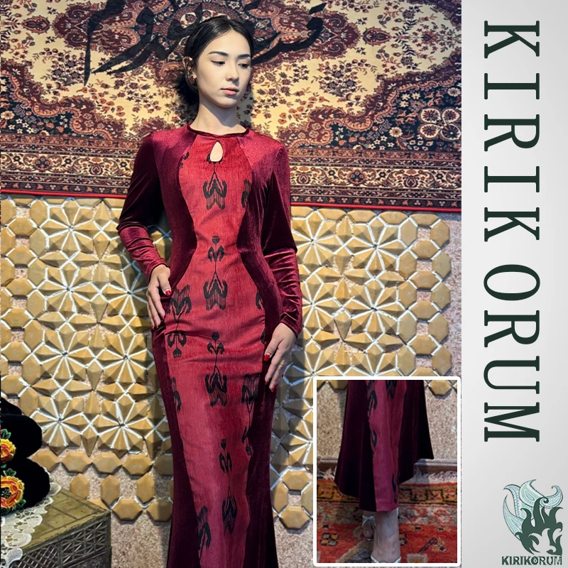 安克拉红秋冬新款连衣裙原创设计艾特莱色民族风酒红色气质显瘦女