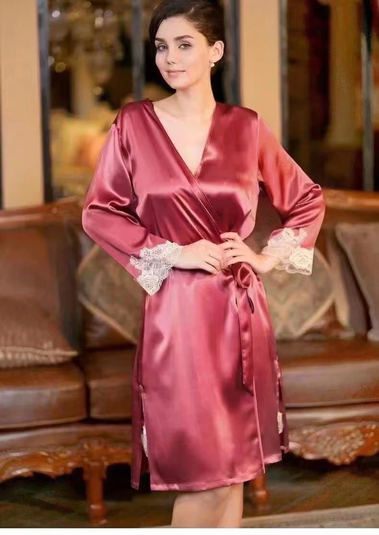 洁绣红色新款春夏百分百重磅桑蚕丝睡裙长袖蕾丝家居服性感包邮