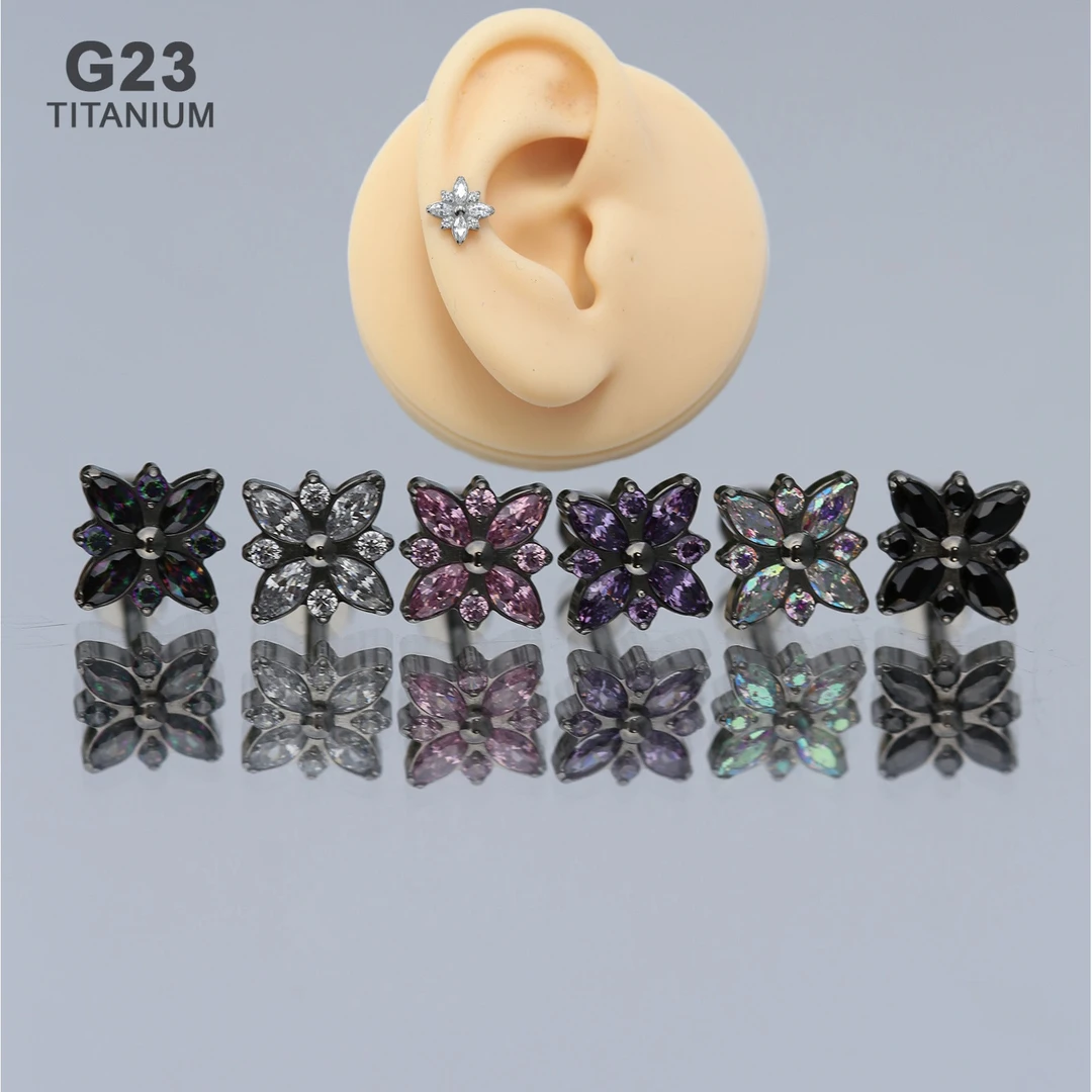 合金合成锆石耳饰 ASTM F136钛合金花耳钉耳骨钉锆石内牙螺纹穿刺