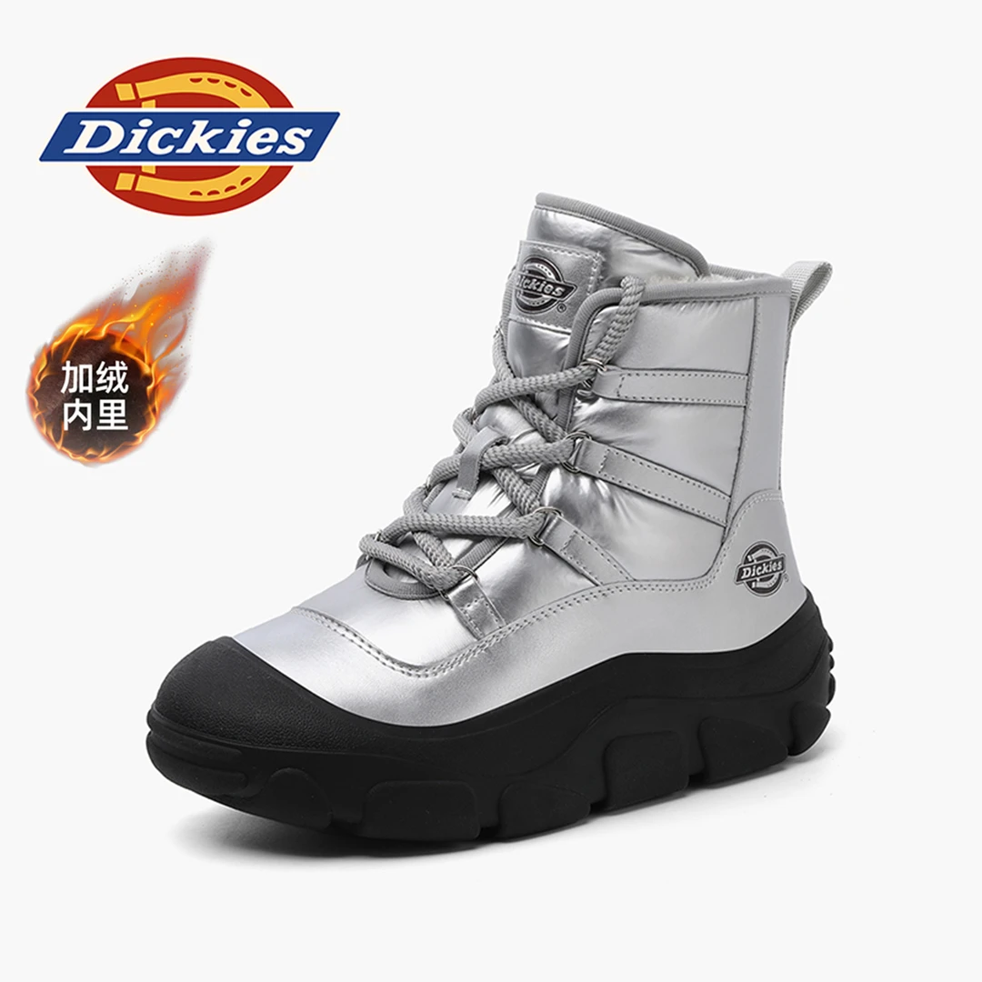 Dickies银色雪地靴女秋季加绒保暖防滑棉鞋女户外厚底时髦马丁靴