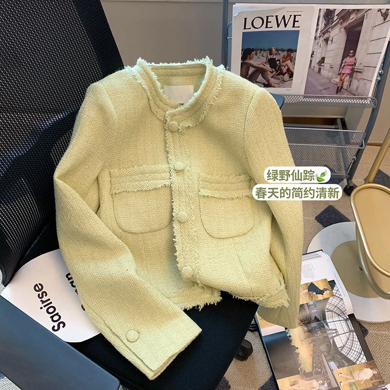 2767绿色小香风外套女2023新款设计感高级名媛气质短款小个子上衣