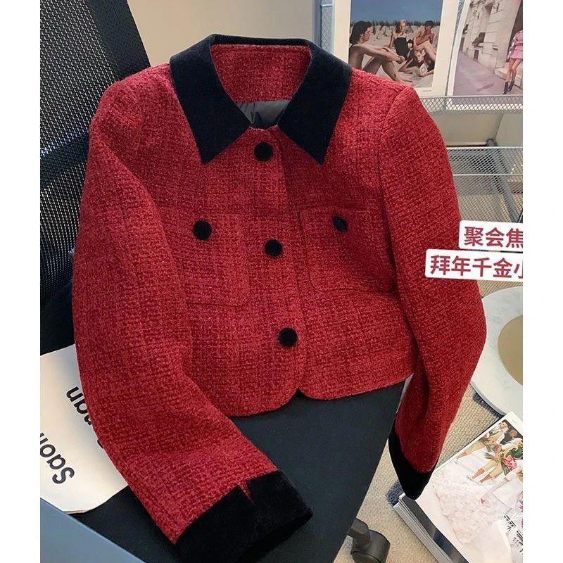 2282高级感红色小香风翻领外套女春秋2024新款法式名媛气质短上衣