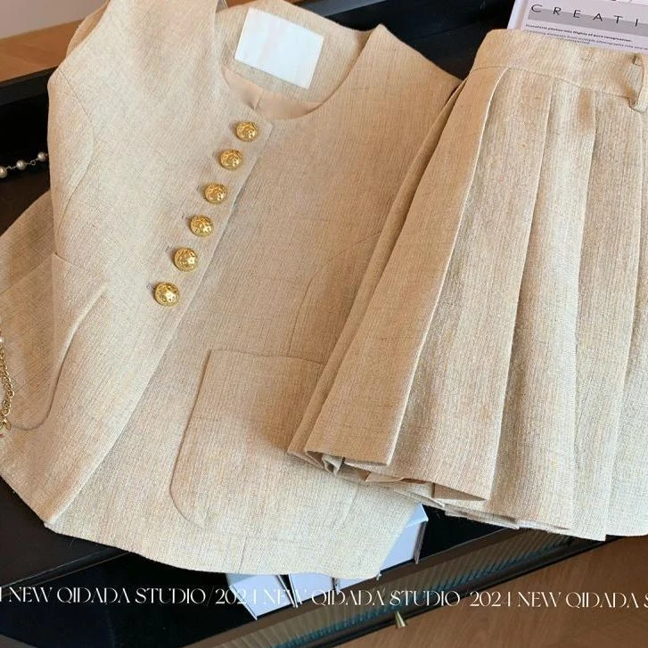 88030夏季小香风马甲百褶裙子高级感气质时尚减龄洋气两件套