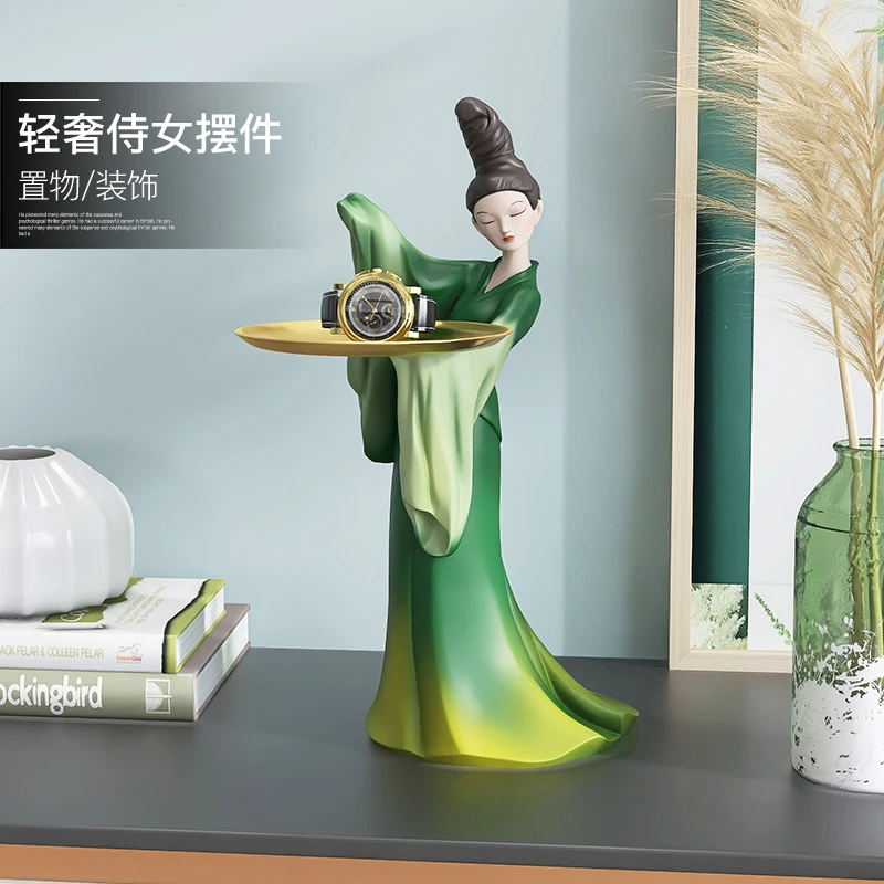 新中式仕女摆件玄关客厅钥匙托盘收纳卧室装饰灯家居饰品生日礼物